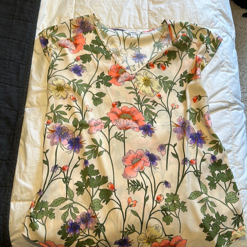Express Floral V-Neck Tunic in Cream with Pink, Purple & Green